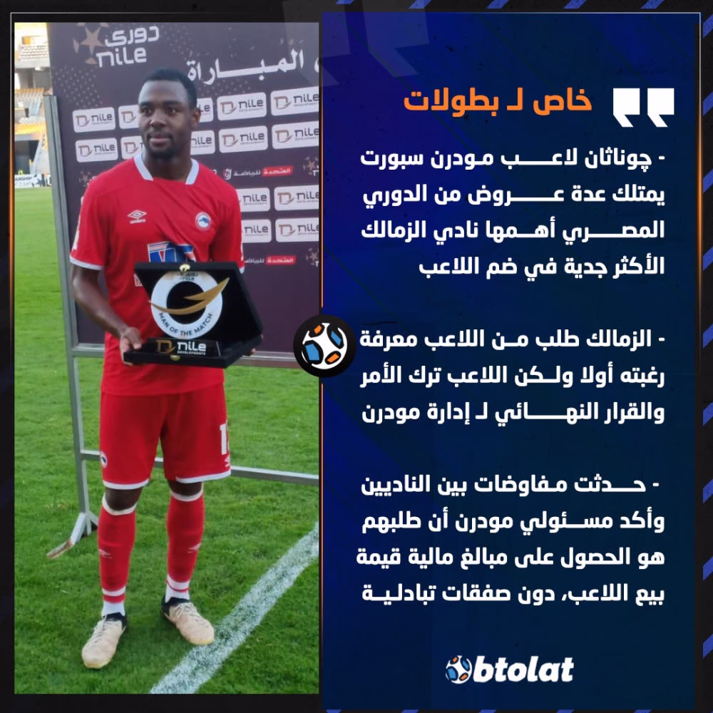 ".. مودرن سبورت يشترط على الزمالك بيع "چوناثان" بالحصول على قيمة مالية مقابل بيع اللاعب، دون دخول صفقات تبادلية 👇🚨