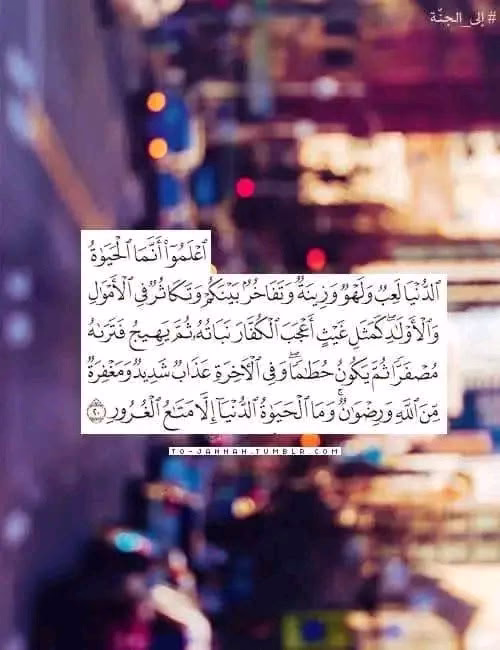 ﴿ اعْلَمُوا أَنَّمَا الْحَيَاةُ الدُّنْيَا لَعِبٌ وَلَهْوٌ وَزِينَةٌ وَتَفَاخُرٌ بَيْنَكُمْ وَتَكَاثُرٌ فِي الْأَمْوَالِ وَالْأَوْلَادِ ۖ كَمَثَلِ غَيْثٍ أَعْجَبَ الْكُفَّارَ نَبَاتُهُ ثُمَّ يَهِيجُ فَتَرَاهُ مُصْفَرًّا ثُمَّ يَكُونُ حُطَامًا ۖ وَفِي الْآخِرَةِ عَذَابٌ شَدِيدٌ وَمَغْفِرَةٌ مِّنَ اللَّهِ وَرِضْوَانٌ ۚ وَمَا الْحَيَاةُ الدُّنْيَا إِلَّا مَتَاعُ الْغُرُورِ﴾
[ الحديد: 20]